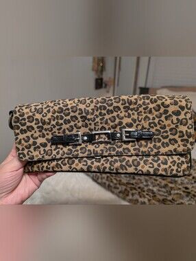 Genuine Leather Leopard Print Fold-Over Clutch